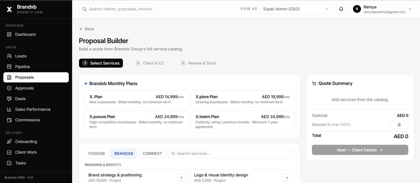 Proposal builder — from the services catalogue to a quote summary